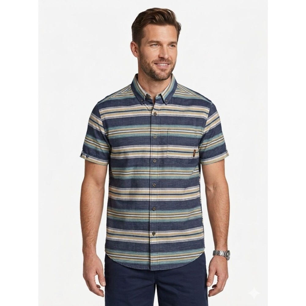 NWT Eddie Bauer Baja Blue Stripe Short Sleeve Button-Down Shirt Size Medium